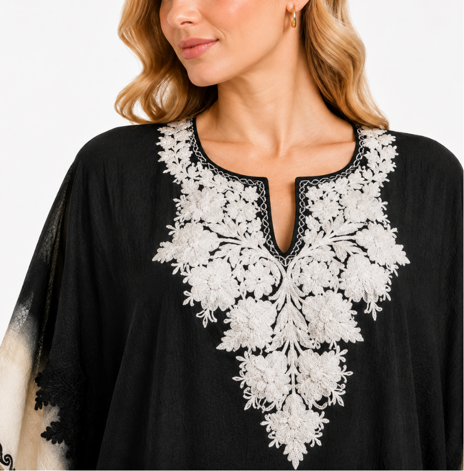 Elegant Black and Ivory Long Kaftaan with Intricate White Floral Embroidery and Decorative Sleeve Detailing